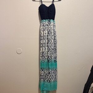 Chic Navy and Teal Patterned Maxi Dress